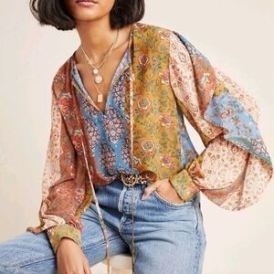 Anthropologie Sachin & Babi Iliana Blouse Ruffle Floral Patchwork Top